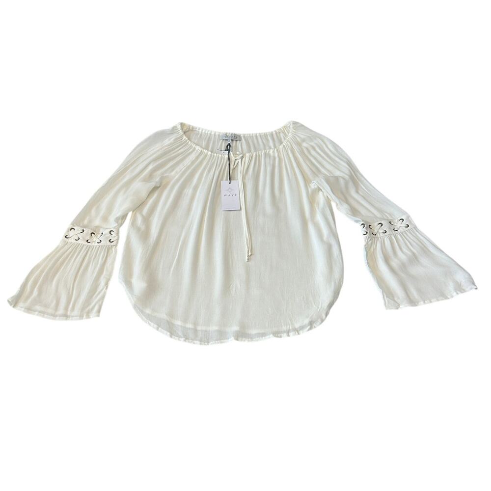 WAYF Women's Blouse Bell Sleeve Tie Front Popover Sz Small Ivory Boho NWT